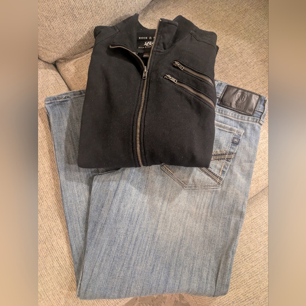 Rock & Republic Men's Light Blue Denim Jeans With A Zipper Up Black Sweatshirt